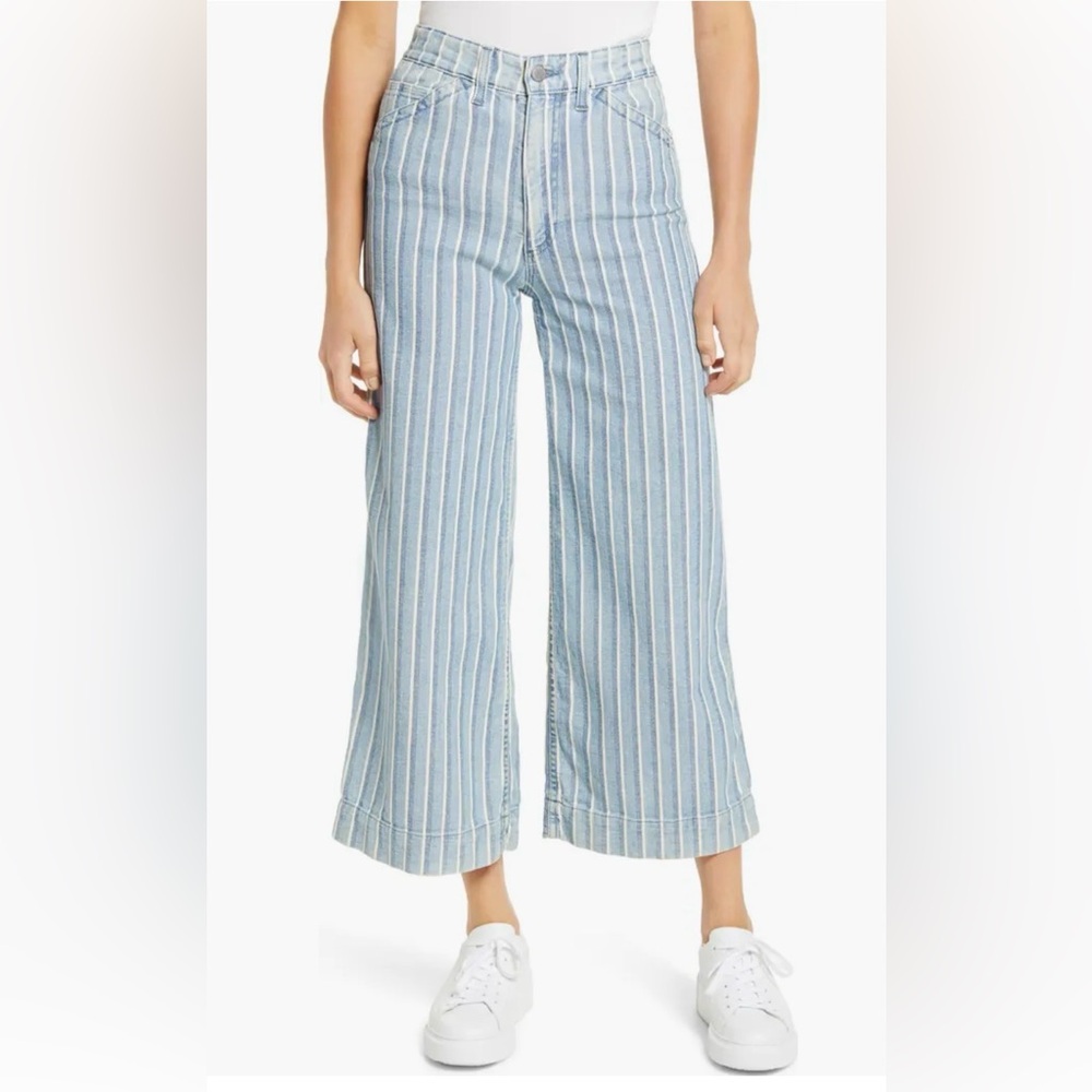 Ag Adriano Goldschmied Light Blue & White Striped Wide Leg Jeans